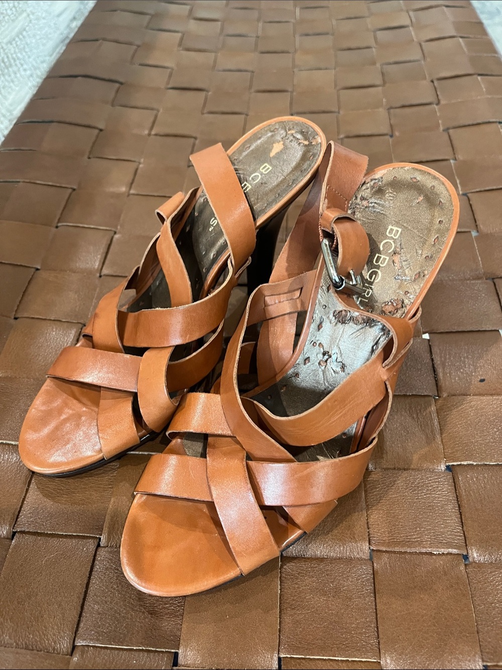 BCBG Tan Leather Strappy Wedge Sandals